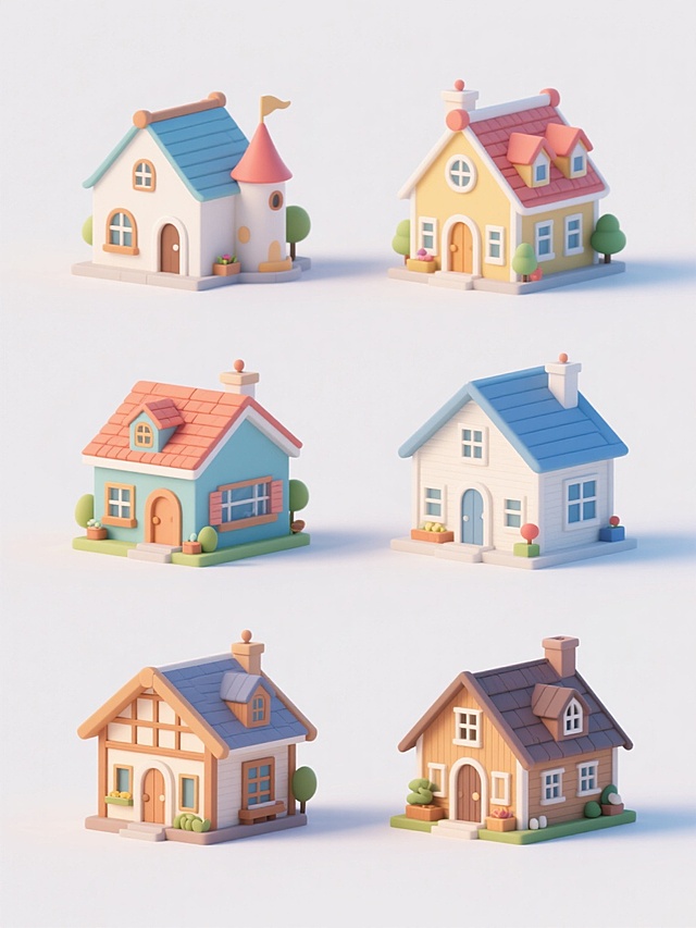 6个不同样式、不同配色、不同风格的3D卡通风别墅，白色背景，排列整齐，每个别墅都有独特的屋顶设计、窗户造型和外墙装饰，色彩明快活泼，包含现代简约、童话城堡、日式禅意、地中海风情、北欧极简和美式乡村等风格，光线明亮柔和，阴影清晰自然，整体构图均衡对称，细节丰富可爱，充满童趣和想象力。