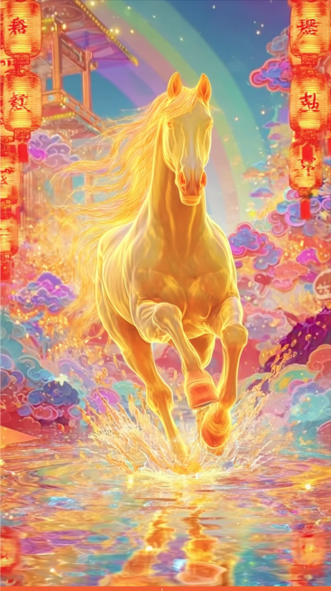 同一匹通体发光的黄金神马，位于画面中心，正朝着镜头方向奔跑。马身呈半透明的琥珀质感，肌肉线条清晰可见。
材质与光效：马身散发着炽热的金色光芒，马蹄踏在水面上，溅起液态黄金般的水花，水花在空中化为光点。预览效果