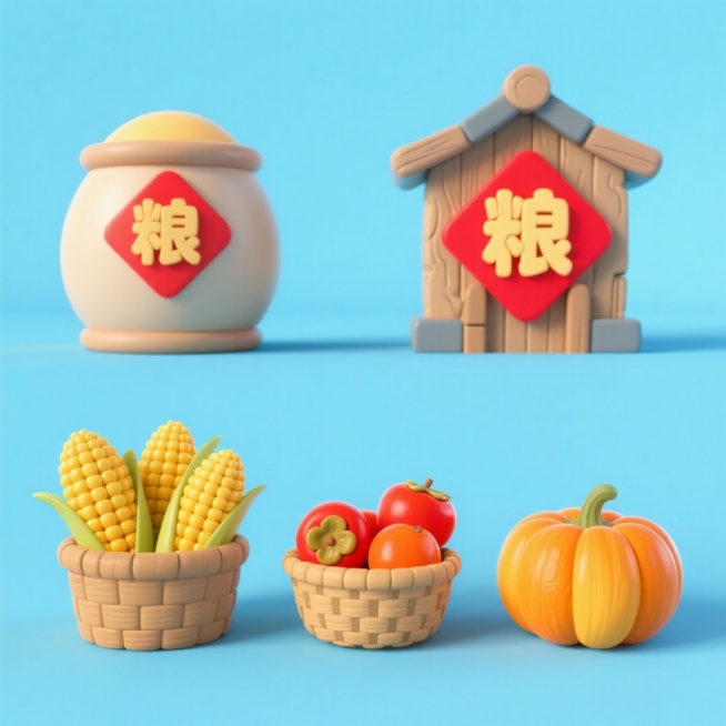 4个中秋素材组合，可爱电商促销感。素材包括：第一个粮仓（贴着带有 “粮” 字的红色菱形福字）；第二个一筐玉米；第三个一筐柿子；第四个南瓜。画面整体呈现鲜艳效果，淡蓝色背景。上下两行，排列整齐预览效果