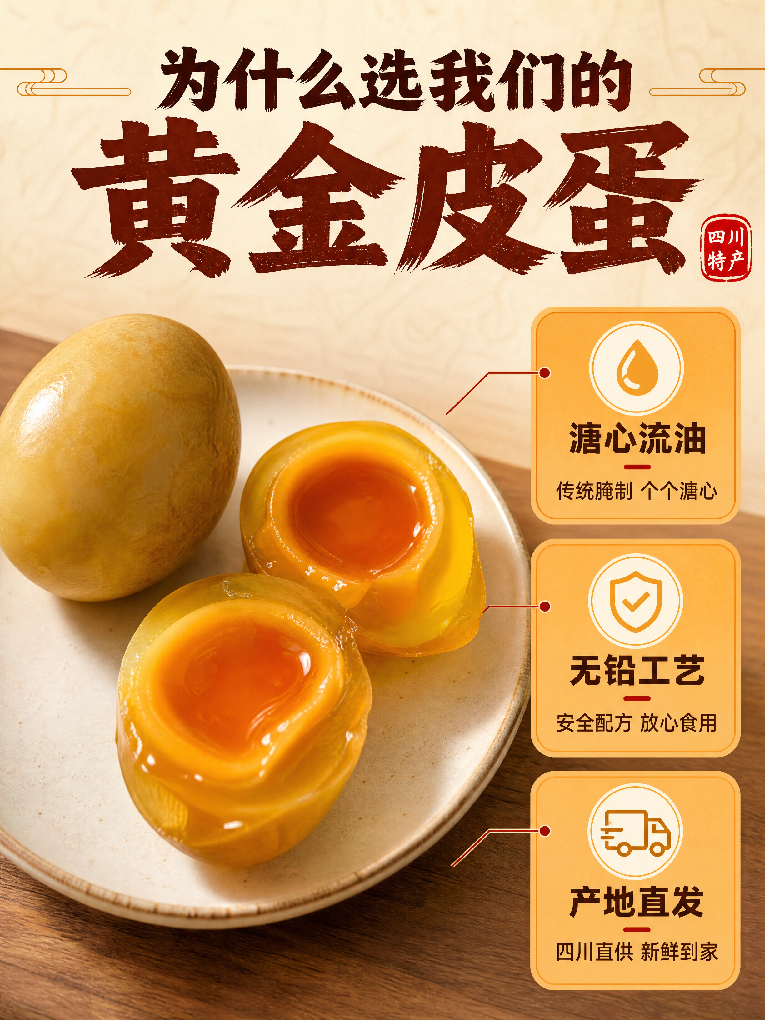 [商品] 使用【图1】四川黄金皮蛋；保留金黄琥珀色蛋白、橙红油… - 图片创意预览