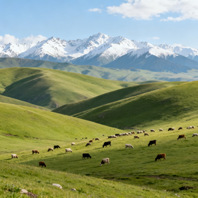 祁连大草原，连绵起伏的绿色草原，成群的牛羊，远处是连绵雪山，蓝天白云下的开阔草原风光，旅行摄影风格预览效果