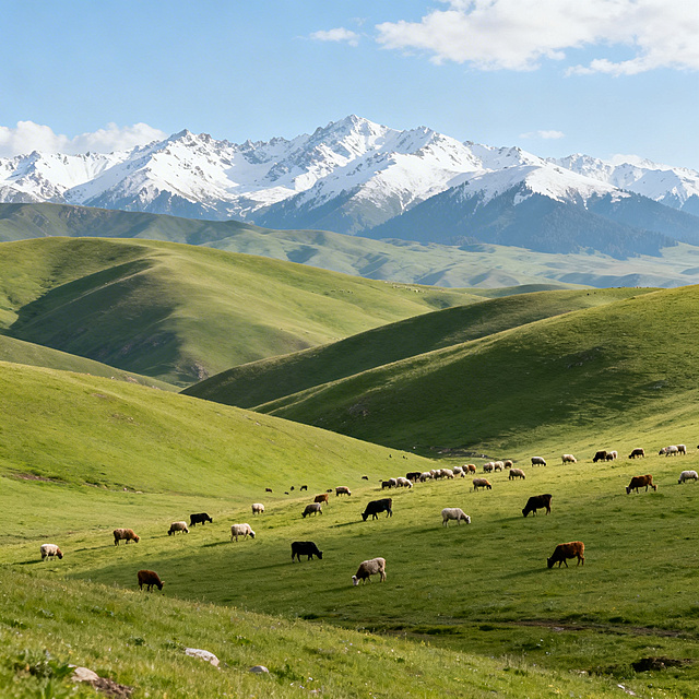 祁连大草原，连绵起伏的绿色草原，成群的牛羊，远处是连绵雪山，蓝天白云下的开阔草原风光，旅行摄影风格