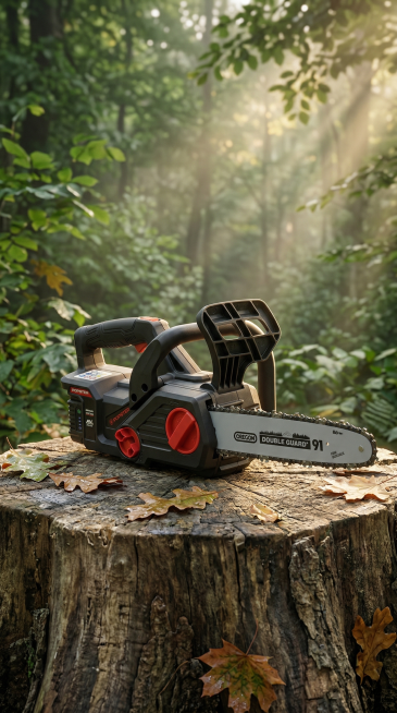 一张户外露营风的竖屏商品场景图。主体是黑色带红色装饰的充电链锯，保持产品原有Logo和文字不变，保持主体物理结构不变。产品放置在森林里的粗糙原木树桩上，背景是茂密的绿色森林。光线采用户外黄金时刻柔和逆预览效果