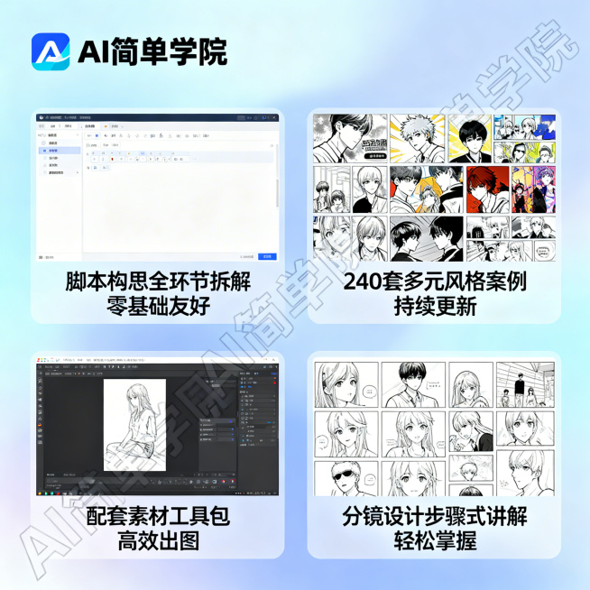 电商详情图，和主图风格统一，科技感淡蓝色渐变背景，带有微透明斜向的“AI简单学院”水印，左上角放置清晰的“AI简单学院”文字和Logo。第一张详情图：展示AI漫剧脚本构思环节，画面是简洁的脚本编辑界面预览效果