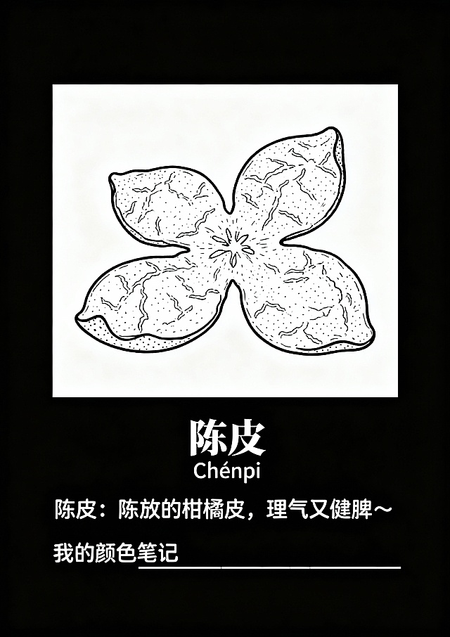 以下是针对 **36种常见中草药填色画** 的更新版设计指示语，适用于“成果长廊”展区或“互动体验区”作为学生填色与学习素材，延续 **清晰手绘线稿风格 + 趣味知识标注** 的设计方向。

---

### **中草药填色画系列设计指示语（36种）**

#### **一、 设计定位**
- **用途**：供学生观察中草药外形特征并进行填色创作，兼具植物认知、美育与中医药文化启蒙功能。
- **风格**：简洁、准确的手绘黑白线稿，重点突出植物形态特征，线条清晰流畅，适合儿童填色。
- **规格**：A4 单幅（210mm × 297mm），可统一装订成《我的中草药填色图鉴》或单张放置于填色体验区。

#### **二、 36种中草药建议清单**
（兼顾常见性、形态辨识度、儿童安全性及文化代表性）


7. **陈皮**（可绘橘皮或柑橘整体）  
8. **蒲公英**  
9. **红枣**  
10. **生姜**  
11. **山楂**  
12. **金银花**  
13. **鱼腥草**（折耳根）  
14. **藿香**  
15. **桑叶**（附桑椹可选）  
16. **荷叶**  
17. **莲子**（附莲蓬）  
18. **甘草**  
19. **黄芪**  
20. **当归**  
21. **茯苓**（可绘块茎或饮片）  
22. **板蓝根**（绘植株）  
23. **决明子**（绘豆荚或种子）  
24. **薏苡仁**（薏米植株或种子）  
25. **山药**（绘块茎及藤叶）  
26. **白果**（银杏叶与果实）  
27. **花椒**  
28. **紫苏**  
29. **马齿苋**  
30. **车前草**  
31. **夏枯草**  
32. **芦根**（芦苇根茎）  
33. **玉米须**  
34. **玫瑰花**（药用玫瑰）  
35. **桂皮**（肉桂树皮或叶片）  
36. **麦冬**（绘植株与块根）

#### **三、 单幅画面内容与布局**
1. **主图区**（约占版面2/3）：
   - 手绘该草药整体或典型部位线稿（如全株、果实、叶片等），特征清晰。
   - 线条粗细适中，关键结构可稍加阴影提示（如叶脉、果皮纹理），但仍以留白填色为主。

2. **文字信息区**（位于下方或侧边，统一位置）：
   - **草药名称**：中文 + 拼音（如“枸杞 Gǒuqǐ”），字体可稍大。
   - **趣味小知识**：一行简短介绍，如：
     - “枸杞：亮眼睛的小红果，常泡水喝哦～”
     - “荷叶：夏天清热好帮手，还能包饭香喷喷！”
     - “甘草：中药里的‘和事佬’，调和百味。”
   - **可预留“我的颜色笔记”空白行**：让小朋友填写自己使用的颜色或心情。

#### **四、 设计扩展建议**
- **分类展示**：可将36种分为4-6组，如：
  - “果實与种子类”（枸杞、桂圆、山楂…）
  - “叶与全草类”（薄荷、艾草、桑叶…）
  - “根茎类”（生姜、甘草、山药…）
  - “花类”（菊花、金银花、玫瑰花…）
- **配套互动**：
  - 设计“草药颜色任务卡”：提示真实草药颜色，如“薄荷叶是绿色的，你能找出几种绿？”
  - 设置“我最像哪种草药？”自喻互动墙，与体质漫画卡呼应。
- **印制与使用**：
  - 建议使用120-150g素描纸或环保打印纸，方便彩铅、蜡笔、水彩笔上色。
  - 可设计封面与封底，装订成册，作为活动纪念品。