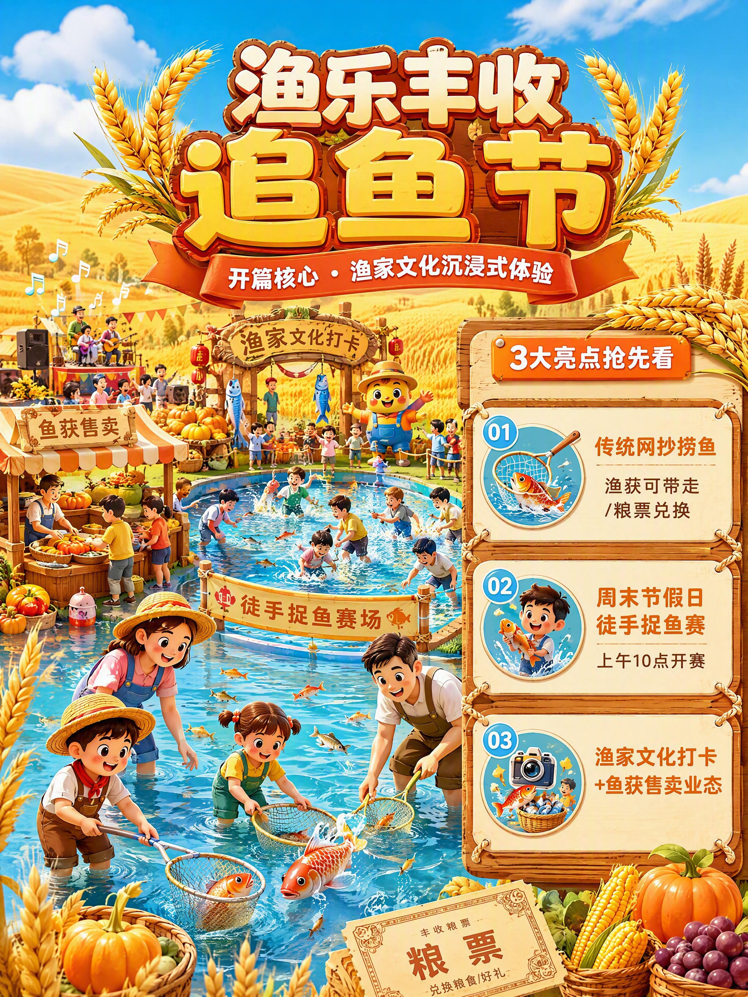 [商品] 使用【图1】丰收节插画元素风格；提取河流捞鱼场景、鲤… - 图片创意预览