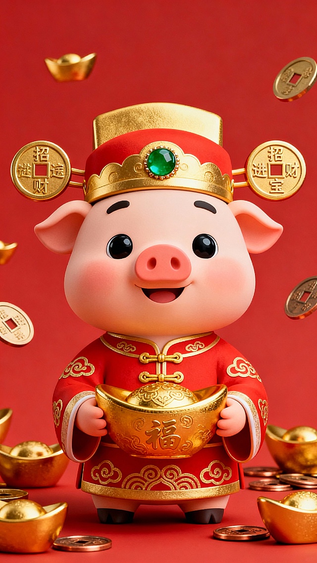 一个穿着传统红色财神爷服装的可爱卡通小猪，服装上有金色祥云刺绣和盘扣，头戴金色财神帽，帽子两侧有圆形金元宝装饰并刻有“招财进宝”字样，帽子正前方镶嵌绿色宝石，双手捧着一个大金元宝，元宝上有“福”字花纹，整体形象圆润可爱，有着黑色大眼睛和微笑的表情，背景为纯红色，周围散落着多个金色的元宝和铜钱，呈现出喜庆、吉祥的氛围，3D立体风格，光影柔和，细节丰富，色彩鲜明，充满节日气息。
