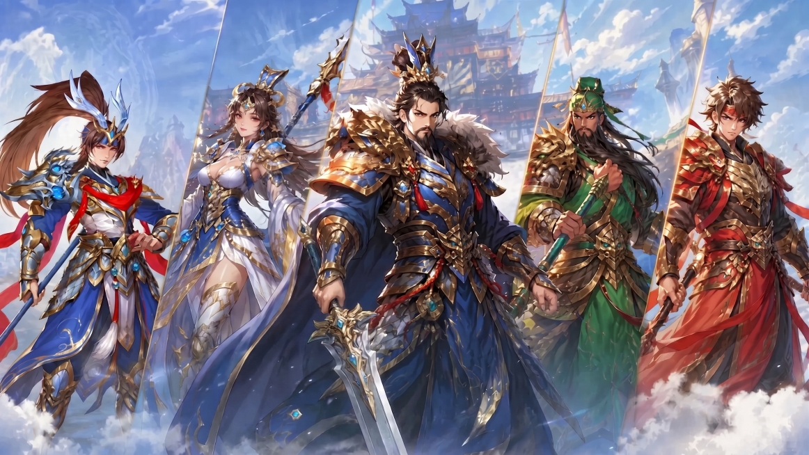 优化图片中中间人物曹操的武器位置，让武器位置更合理自然，其他元素和整体风格保持不变，保留五位三国人物，蓝金铠甲服饰，背景城楼云海，古风国漫风格预览效果