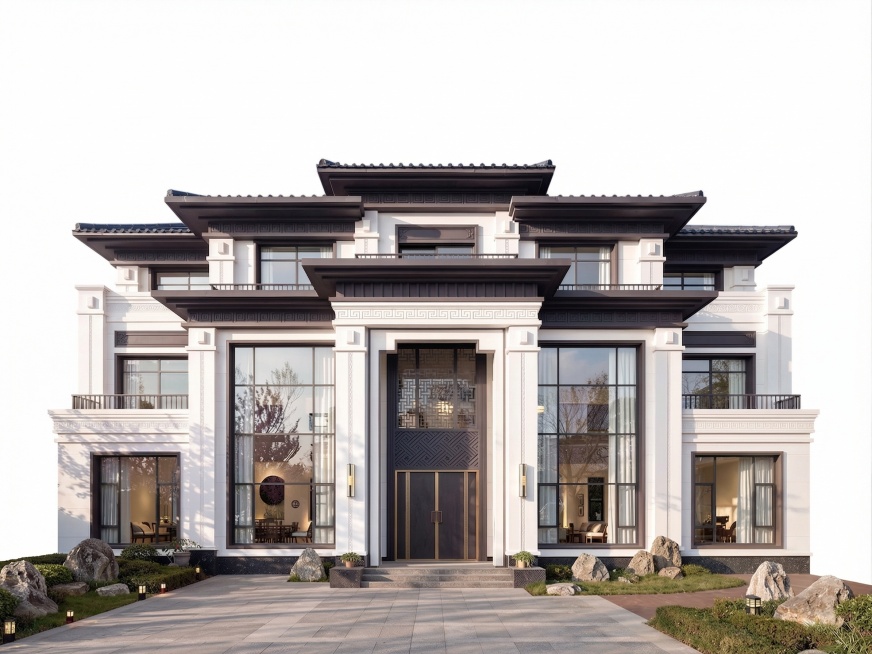 去掉建筑周边左右两侧的树木、花架遮挡物，让建筑立柱完全没有遮挡，保持别墅原有新中式风格和整体结构，前景保留草坪石板路和景观石，不改变建筑外观和配色预览效果