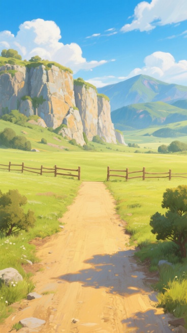 广袤的草原场景，正前方二分之一是从左到右的横向黄土路面，左右没有树木挡住路，黄土路正上方对面有木栏围着路面，围栏后面是悬崖，悬崖的石壁纹理清晰，光感好，画面上三分之一是远山，远山上方是天空，蓝天白云，预览效果