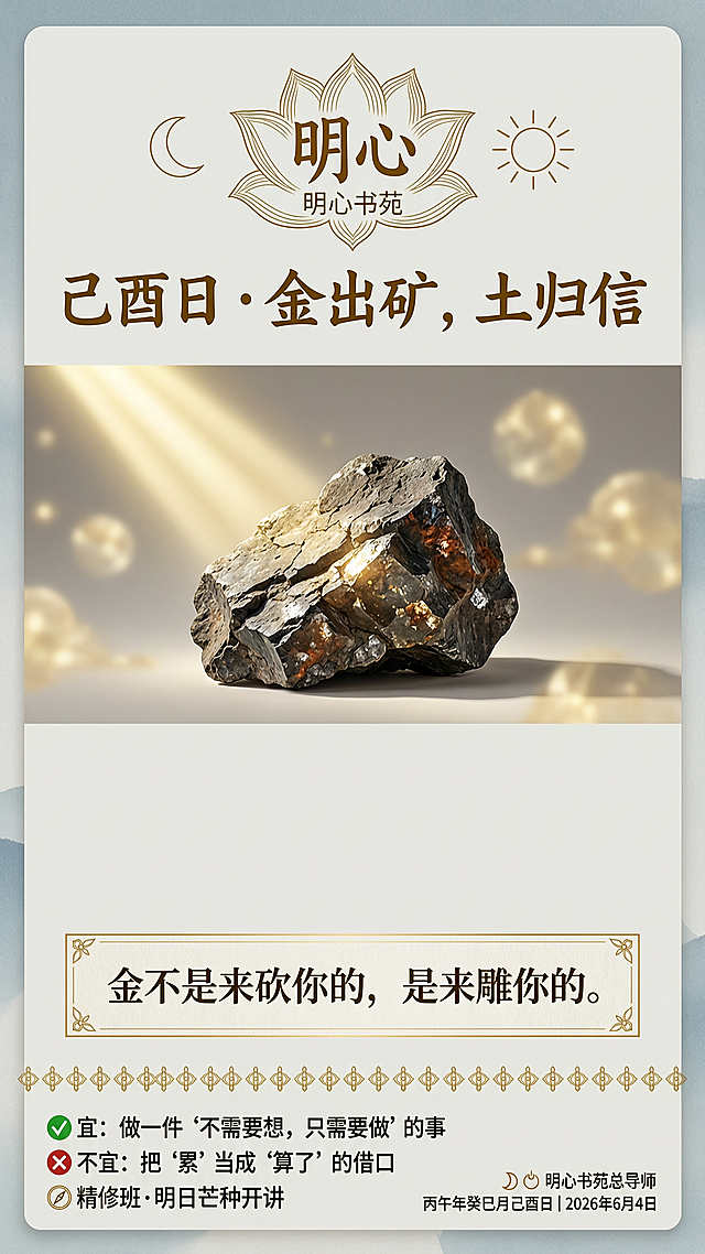 明心书苑课程海报，整体遵循信息三级排版法。背景为暖灰白米白色调。主体是矿石，顶部有含蓄淡金光斑，一道破云淡金色斜光柱稳稳落在矿石上，对应"火中站住"精神内核。顶部中央是极细线条组成的莲花轮廓，内嵌篆意"明心"二字与"明心书苑"文字，搭配日月图标。主标题"己酉日 · 金出矿，土归信"为暖金色书法体，放在顶部logo下方，字号最大。中部留白约30%，下方心印金句"金不是来砍你的，是来雕你的。"放置在米白衬底、淡金边框的框内，边角带极细金刚杵角纹。底部整齐排列：✅ 宜：做一件"不需要想，只需要做"的事；❌ 不宜：把"累"当成"算了"的借口；🧭 精修班·明日芒种开讲。用极细金刚杵线纹作为分隔。右下角落款极细极淡：🌙☀️ 明心书苑总导师；日期：丙午年癸巳月己酉日｜2026年6月4日。整体色调：暖灰白/米白背景，淡金色元素，云底点缀极浅灰蓝，呼应命理能量调候，风格简约禅意，温暖高级。