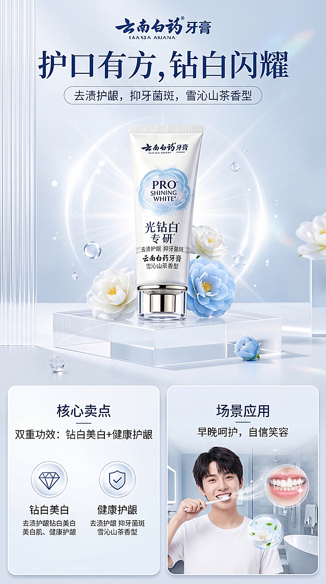 云南白药牙膏光钻白专研电商详情页设计，大广赛主题"护口有方，钻白闪耀"，整体风格清新现代年轻，展示产品去渍护龈抑牙菌斑、雪沁山茶香型功效，包含产品展示、核心卖点、场景应用模块，突出钻白美白和护龈双重功效，画面干净通透有质感，适合电商平台展示