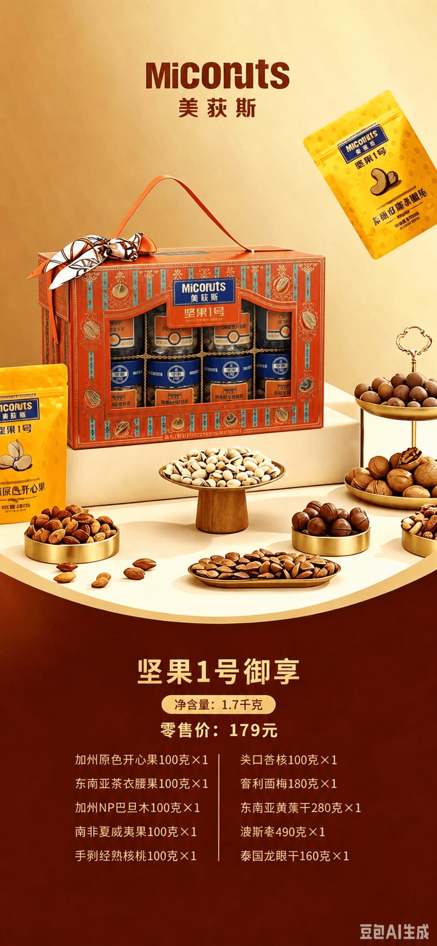将图1海报中的坚果礼盒产品替换为图2中的坚果礼盒，保持图2礼盒… - 图片创意预览
