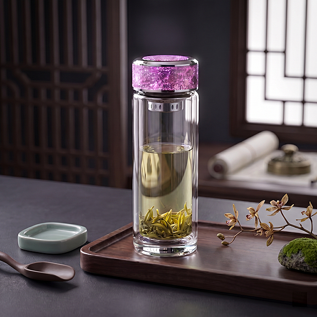 古典优雅风格电商主图, 大师级布光（侧前45°主光 + 环境补光，不显示灯具），超写实质感。
主体：玻璃杯严格参照上传产品图，完整保留结构比例颜色，**盖子为高档紫色闪粉金属质感**，玻璃杯白皙通透明亮如水晶，崭新无瑕疵，产品占画面70%，近景绝对主体，完整不裁切。
构图与陈列：正面平视，玻璃杯置于深胡桃木茶盘中央，桌面为深灰哑光岩板。
风格：明式文人书房。
场景概念：古籍茶席，简约而有底蕴。
承载与背景：深灰岩板办公桌；背景为深胡桃木明式格栅屏风（虚化处理），右侧窗棂透入柔光，隐约可见宣纸卷轴与青铜镇纸。
陪衬物：仅左侧青瓷砚台（月白釉）+ 紫砂小茶则，右侧竹制茶勺配2片茶叶；托盘角落点缀干兰枝与苔藓石。
配色：主深炭灰+黑；辅紫色闪粉盖子、青瓷蓝绿与紫砂褐；沉稳典雅。
光影：主光来自左前45°隐式光源, 柔和打亮玻璃杯通透感；**紫色闪粉盖子反射细腻珠光高光**；背景深度虚化，主体清晰突出。
参数：4K超高清写实光追, 宽高比1:1