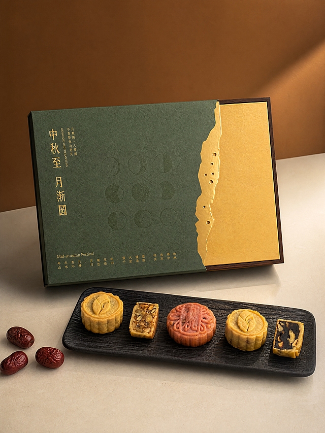超写实商业产品摄影，中秋月饼礼盒电商图，温馨暖调极简风格。
主体：中秋月饼礼盒与月饼严格参照上传产品图，完整保留所有可见组件、部件、轮廓、结构、比例、材质、颜色与产品本体上的文字信息（烫金文字/图案/月相纹理/月饼花纹等），与上传图完全一致；自然融入场景光影，与场景共处同一物理空间。产品占画面60%，完整不裁切。
构图：45度俯拍，礼盒与月饼为视觉中心。
风格：新中式温馨高级感，极简纯色背景。
场景：暖棕渐变墙面+米白台面，纯净无杂物。
空间：①背景墙，暖焦糖棕色哑光墙面，从上到下由深棕渐变到浅暖棕，有柔和的弧形光影渐变；②台面，米白色哑光台面，细腻质感，有柔和的光影过渡。
陪衬：保留原图中月饼、红枣等产品元素，去除杂乱背景杂物，无桂花等植物装饰。
配色/材质：暖焦糖棕/米白/鎏金/枣红；哑光墙面/石材台面/特种纸/金属烫金。
光影：主光从右上方45度斜射，暖金色柔和自然光，在墙面和台面上形成柔和的渐变光影；辅光为左侧柔和补光，阴影浅淡通透；整体光线温暖柔和，简洁高级，突出礼盒精致质感。
参数：4K 写实光追，商业产品摄影，景深虚化背景。严格锁定宽高比为 3:4。