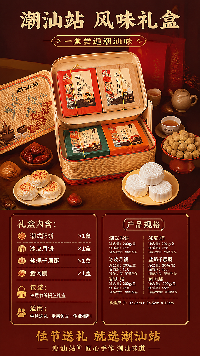 [第8张] 规格信息+礼赠收尾-礼盒清单与送礼场景。本张使用【图8】作为全家福参考。
[氛围/风格] 中式节日礼赠氛围，暖调喜庆，商业摄影质感，收尾转化。
[元素布局] 画面上半部分50%展示双层提篮礼盒完全打开的全家福，上盖翻开靠在左侧，上层2款（潮式朥饼+冰皮月饼）、下层2款（盐焗千层酥+猪肉脯）整齐排列，礼盒周围散落朥饼、冰皮月饼、红枣、茶具等元素，营造丰盛感；下半部分50%为深棕红渐变底色，承载规格参数和送礼文案。
[光影质感] 顶部暖光均匀照明产品区，参数区暗调突出文字，整体有层次。
[配色色系] 全局底色 #5C1A1A（深红棕渐变）；主色朱红+竹编暖棕；辅助色金色、米白。
[视角构图] 上下分区，上区产品全家福俯视，下区规格信息卡片式排版，阅读动线顶部产品 → 中部规格表 → 底部收尾文案。
[文字版式] 版式为上区产品 + 下区规格+收尾。上区顶部主标题「潮汕站 风味礼盒」+副标「一盒尝遍潮汕味」；下区左侧规格清单：「礼盒内含：潮式朥饼×1盒 冰皮月饼×1盒 盐焗千层酥×1盒 猪肉脯×1盒」「包装：双层竹编提篮礼盒」「适用：中秋送礼 · 走亲访友 · 企业福利」；右下收尾文案「佳节送礼 就选潮汕站」+「潮汕站® 匠心手作 潮汕味道」；宋体大标题+黑体规格文字，字色金色+白色，全套字体统一。
[比例分辨率] 9:16 竖版比例，4K分辨率，文字清晰可辨。
[负向提示词] 产品变形，缺件错件，文字错乱，水印，颜色偏差，文字过小。