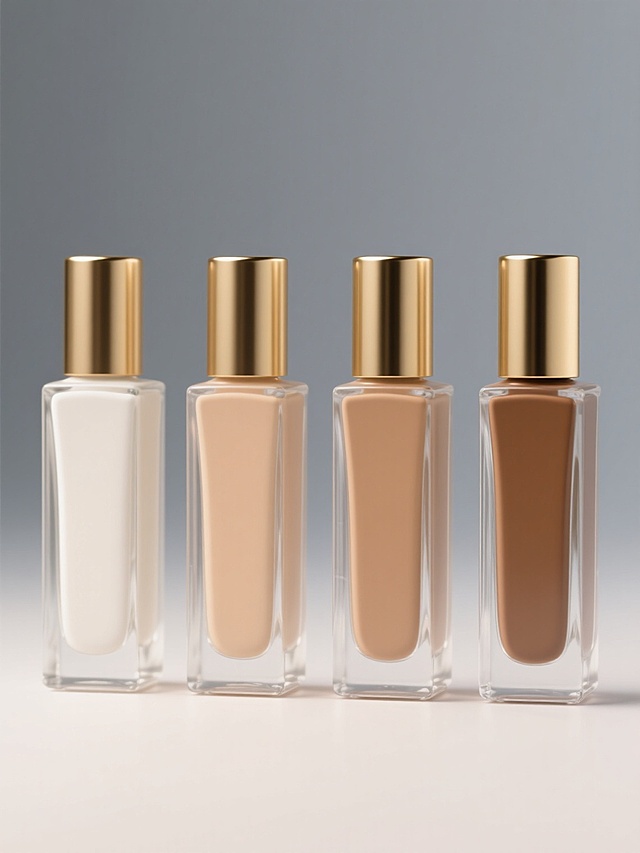 4个相同的软3D风格粉底液瓶子，透明方形玻璃瓶身搭配金色金属瓶盖，瓶内分别装有从浅到深依次为象牙白、自然米色、小麦色、古铜色的六个完全不同色号的粉底液，所有瓶子保持规整的直立姿态，以等间距线性排列在纯色背景上，整体画面色彩明快干净，突出每个粉底液色号的独特质感和色彩差异，光影柔和，高光细腻，展现出精致的美妆产品视觉效果，透明玻璃的通透感，金色瓶盖的金属光泽，液体粉底的顺滑质感，简洁构图，产品主体清晰突出。