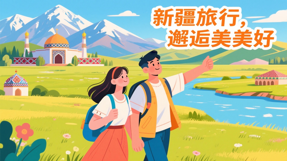 一个美女跟一个帅哥正在新疆旅行，扁平风插画旅游宣传海报预览效果