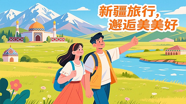 一个美女跟一个帅哥正在新疆旅行，扁平风插画旅游宣传海报