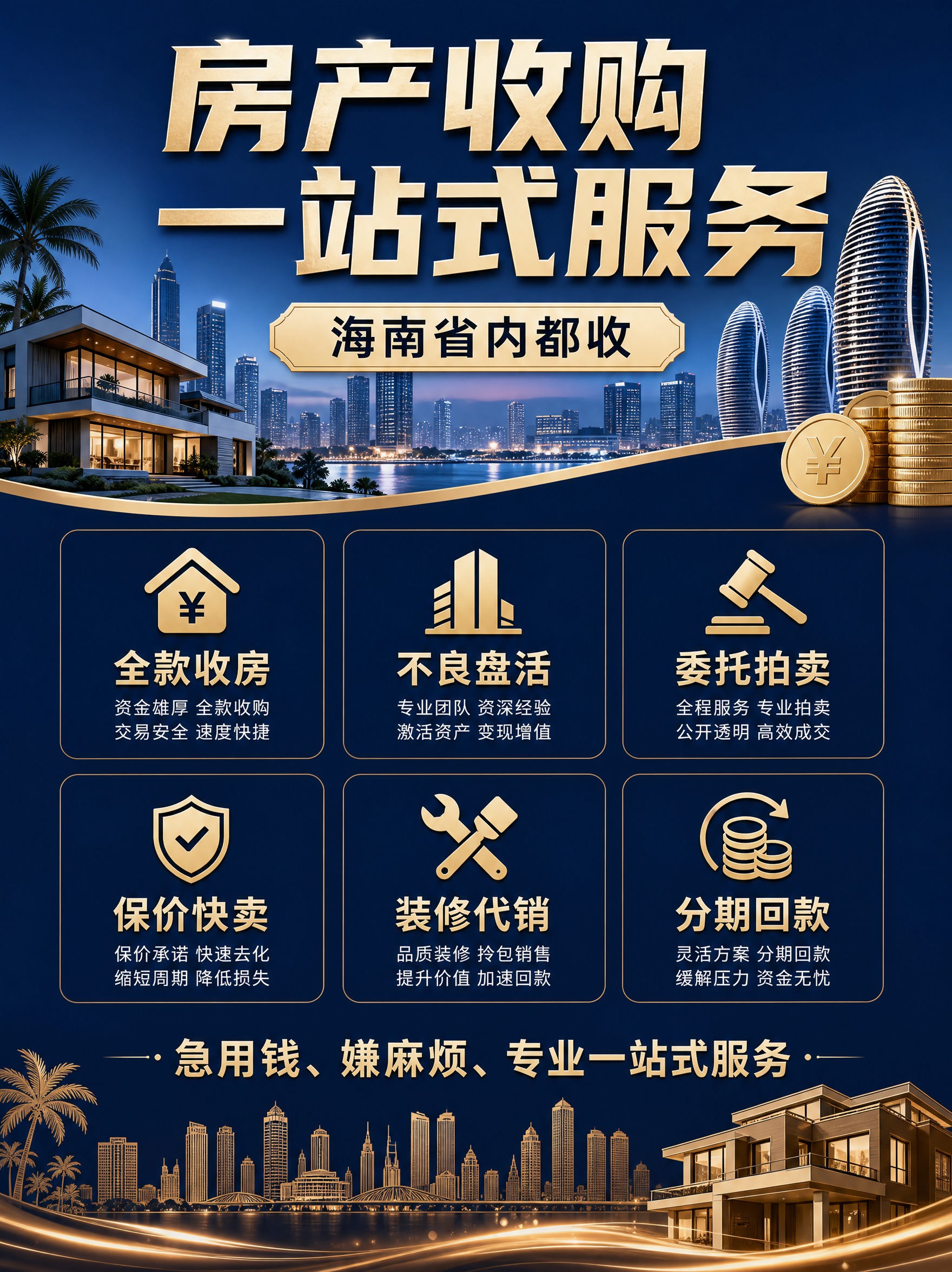 海南房产收购一站式服务宣传海报，专业大气的商务风格，深蓝色与金… - 图片创意预览