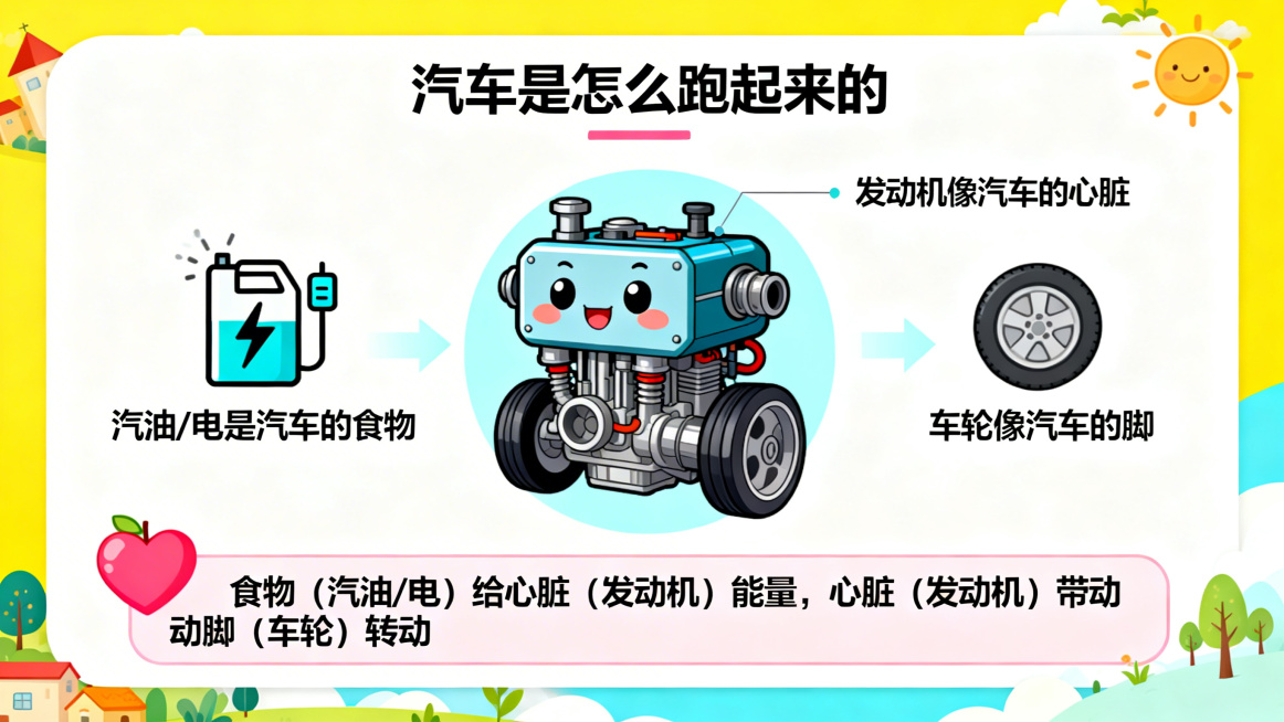 卡通风格PPT页面，主题是汽车是怎么跑起来的，核心介绍汽车的心脏发动机，配有可爱的卡通发动机插图，用趣味比喻：发动机对应心脏、汽油/电对应食物、车轮对应脚，简单讲解燃料/电能带动车轮转动的原理，文字简预览效果
