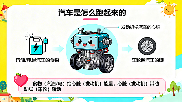 卡通风格PPT页面，主题是汽车是怎么跑起来的，核心介绍汽车的心脏发动机，配有可爱的卡通发动机插图，用趣味比喻：发动机对应心脏、汽油/电对应食物、车轮对应脚，简单讲解燃料/电能带动车轮转动的原理，文字简单易懂，整体画风活泼，色彩明亮，适合10-11岁小朋友