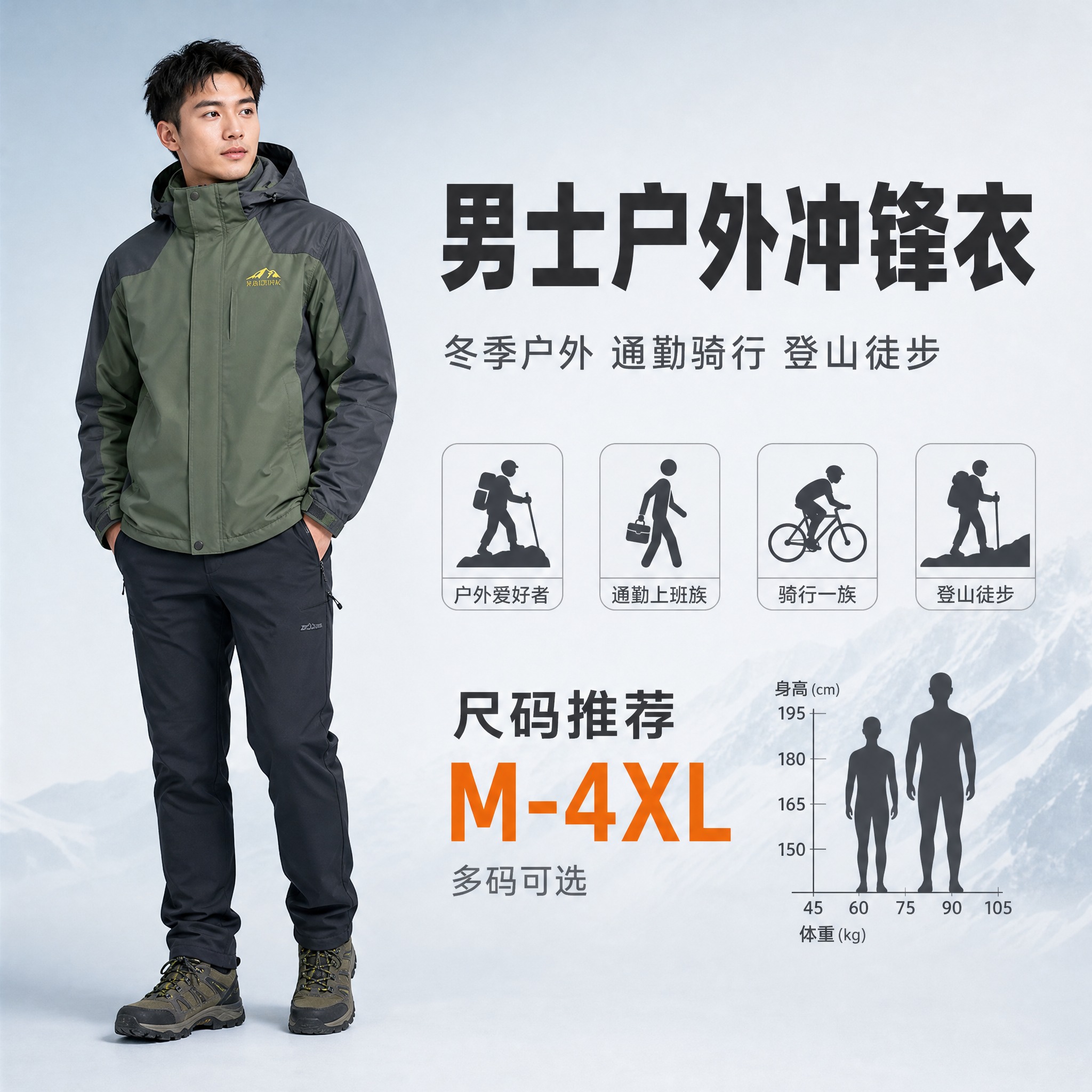[主图-6] 适用人群与尺码推荐图，主题：冬季户外必备 男士冲… - 图片创意预览