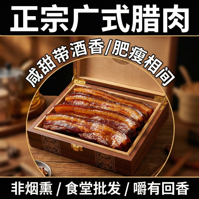 这张图片是产品主体这款产品是广式腊肉 我需要设计20张主图在拼多多上面售卖    主图场景布局可以用厨房 炒腊肉 腊肉细节等设计一个高级有食欲一些主图文案内容 正宗广式腊肉 厂家直销 新鲜现货 咸甜相预览效果