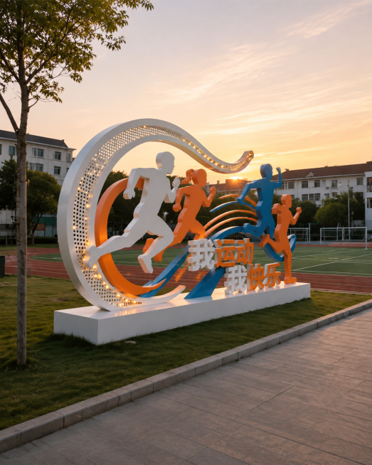 参考图片风格，重新生成校园运动场中小学生运动主题雕塑景观，保持雕塑设计风格与校园黄昏场景，雕塑主题保持我运动我快乐，保留校园操场建筑背景预览效果