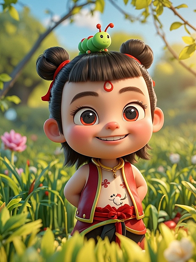 3D卡通风格，拟人化角色头戴可爱毛毛虫，清新自然背景，营造童趣与欢乐氛围。