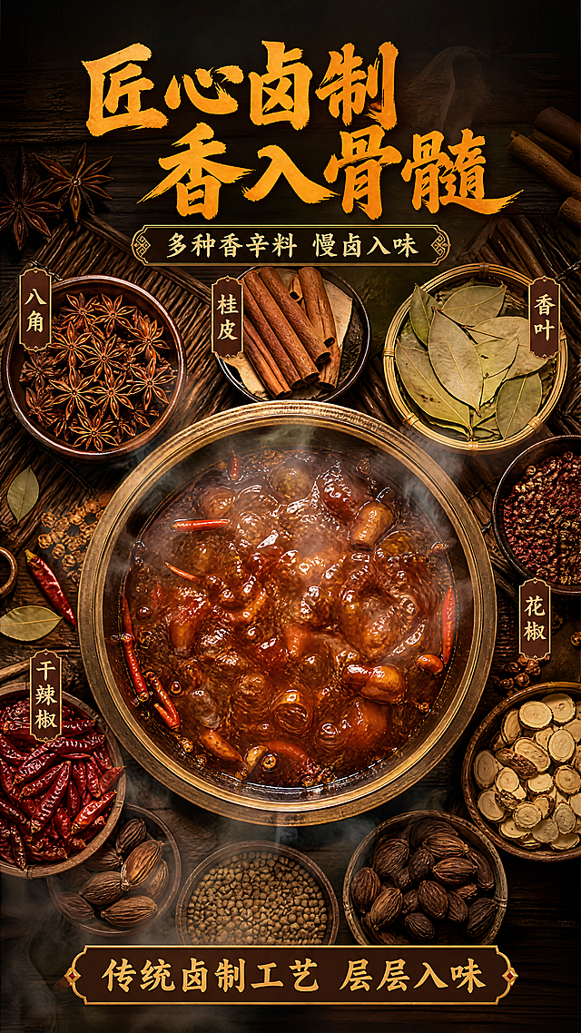 [第4张] 详情页卤制工艺展示-多种香辛料精心卤制匠心工艺。
[氛围/风格] 传统匠心卤味风，暖光烟火气，中式厨房质感，商业摄影氛围。
[元素布局] 画面中央是一口传统卤锅的俯视特写，卤汤翻滚冒着热气，占画面40%；卤锅周围呈环形摆放多种香辛料：八角、桂皮、香叶、花椒、干辣椒、草果等，每种原料饱满真实，合计占画面35%；背景是古朴的木质台面和竹制垫子；有蒸汽从锅底升腾的朦胧效果；整体呈现传统卤制工艺的匠心氛围。
[光影质感] 顶部暖黄光均匀照射，香料纹理清晰，卤汤表面有油亮反光，蒸汽营造朦胧层次感，阴影柔和自然。
[配色色系] 全局底色 #4A2C1A 深棕；主色暖橙 #E67E22；辅助色金黄 #D4A017、米白 #E8DCC4、深褐 #2C1810。
[视角构图] 正俯视角度，中心卤锅+环形香料布局，阅读动线顶部标题 → 中心卤锅 → 四周香料标签 → 底部工艺说明。
[文字版式] 顶部居中大标题「匠心卤制 香入骨髓」，书法感粗黑体，橙金色；卤锅下方副标题「多种香辛料 慢卤入味」；每种香辛料旁有小标签标注名称（八角、桂皮、香叶、花椒、干辣椒）；底部一行工艺说明「传统卤制工艺 层层入味」；字色橙金+米白统一；文字清晰不遮挡主体。
[比例分辨率] 9:16 竖版比例，4K分辨率，文字清晰可辨，高清画质。
[负向提示词] 香料变形，颜色偏差，水印，文字错乱，蒸汽不自然，背景杂乱，文字过小，卤锅不真实。