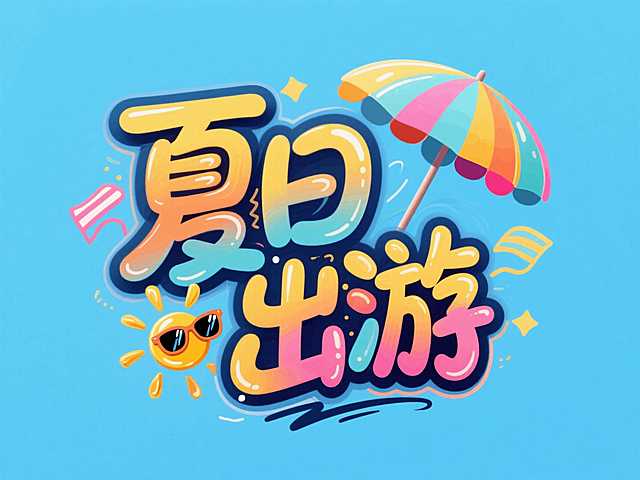 字体"夏日出游"，创意字体设计增加遮阳伞、太阳、墨镜等夏日小元素元素，涂鸦风格，蓝色背景。