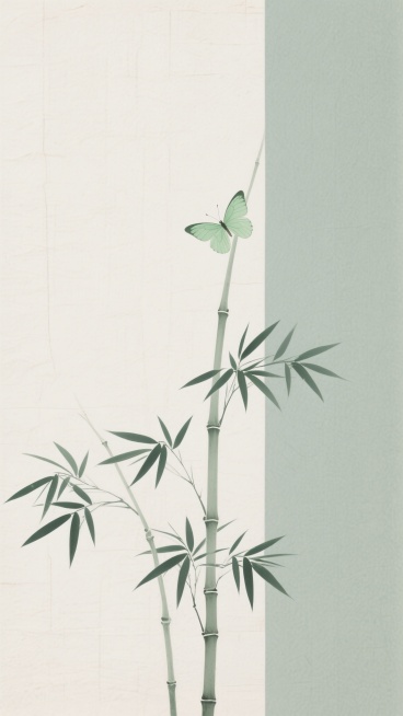 新中式风格插画，以淡墨绿与米白色为整体配色，画面右侧为垂直分布的浅灰绿色色块，左侧为米白色背景，底部绘有几株挺拔的竹子，竹叶呈墨绿色，线条纤细流畅，竹茎修长，一只淡绿色蝴蝶轻盈停驻于左侧竹枝上方，背景采用宣纸纹理质感，整体构图简约留白，意境清雅，融合自然元素，营造宁静悠远的东方美学氛围。预览效果
