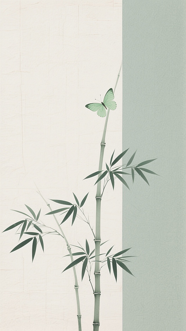 新中式风格插画，以淡墨绿与米白色为整体配色，画面右侧为垂直分布的浅灰绿色色块，左侧为米白色背景，底部绘有几株挺拔的竹子，竹叶呈墨绿色，线条纤细流畅，竹茎修长，一只淡绿色蝴蝶轻盈停驻于左侧竹枝上方，背景采用宣纸纹理质感，整体构图简约留白，意境清雅，融合自然元素，营造宁静悠远的东方美学氛围。