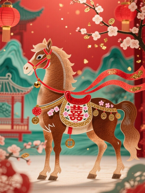 皮影质感，半透明，主体是棕褐皮影骏马（马身饰红色 “喜” 字与粉白海棠纹样，鞍具绣金线福纹，毛发蓬松有光泽），呈静立回眸姿态，颈间系红金铃铛。周身环绕红棕渐变华丽飘带，飘带缀小巧铜钱与金箔，古朴喜庆。预览效果