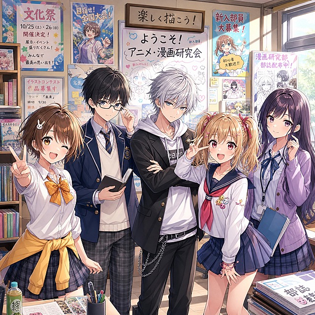 漫画风格的校园社团人物群像图，五名性格各异的动漫角色站在社团教室中，有活泼的短发少女、戴眼镜的文静男生、酷酷的银发少年、元气双马尾女孩和温柔的长发学姐，每个人穿着不同风格的校服，背景是贴满海报的社团活动室，色彩明亮鲜艳，日系动漫画风，线条流畅，高细节