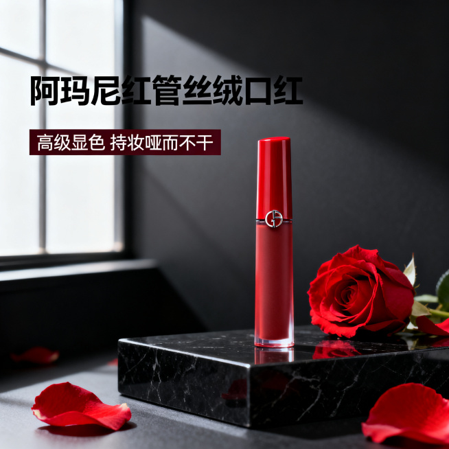 [主图 1] 极简品牌调性首图，展示阿玛尼口红。
[氛围风格] 高级奢华极简美妆风
[画质] 商业摄影质感，光线柔和通透，产品清晰真实，画面干净高级
[元素] 阿玛尼红管口红居中摆放，放置在黑色哑光大预览效果