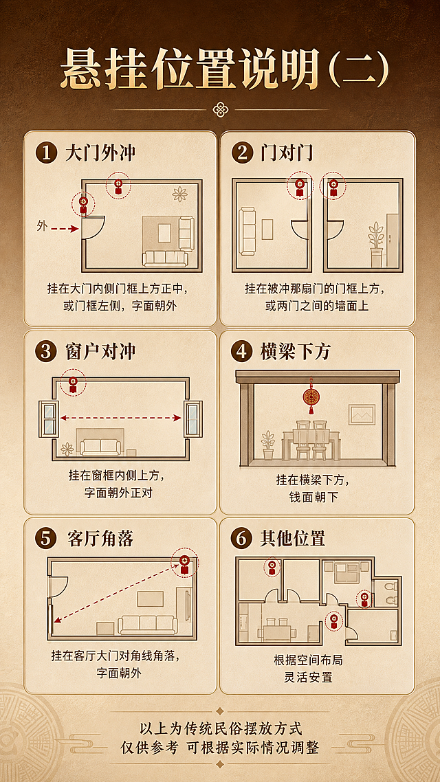 淘宝天猫电商详情页说明图，9:16竖版，高级渐变背景（上深棕下浅米棕渐变），背景带细腻纸质感纹理，高级质感风格。纯信息说明图，不生成产品实物。大标题："悬挂位置说明（二）"。配房屋平面示意图标。分6种位置说明，每种配小图标：1. 大门外冲：挂在大门内侧门框上方正中，或门框左侧，字面朝外 2. 门对门：挂在被冲那扇门的门框上方，或两门之间的墙面上 3. 窗户对冲：挂在窗框内侧上方，字面朝外正对 4. 横梁下方：挂在横梁下方，钱面朝下 5. 客厅角落：挂在客厅大门对角线角落，字面朝外 6. 其他位置：根据空间布局 灵活安置。底部说明："以上为传统民俗摆放方式 仅供参考 可根据实际情况调整"。排版清晰，风格统一高级。