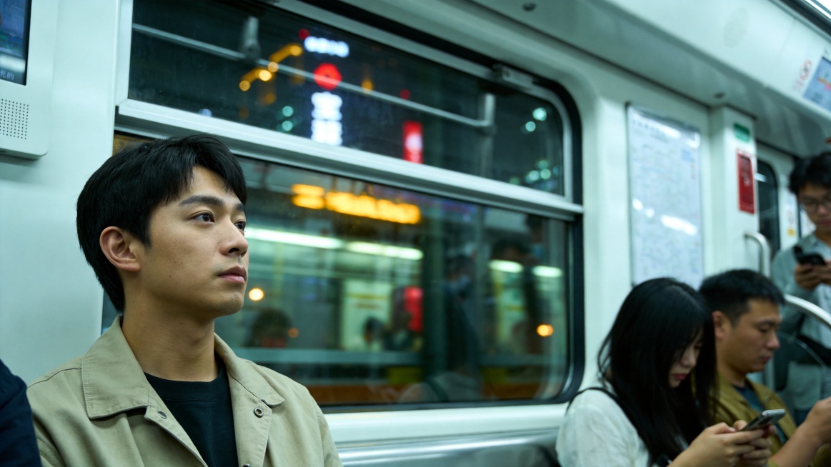 地铁车厢内部场景，夜晚通勤时间，车厢里坐着和站着很多普通人，大部分人低头看手机，一个二十多岁的亚洲男生安静地坐在座位上，看着窗外发呆，神情有一点疲惫和孤独，车窗外城市灯光快速闪过，车厢灯光偏冷色，真实预览效果