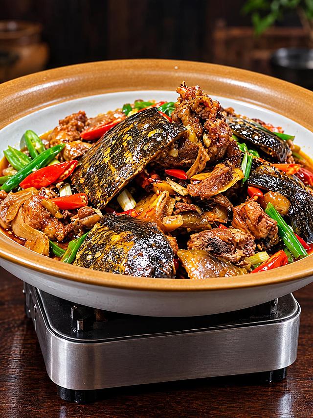 基于参考图中的红烧甲鱼菜品，生成低角度仰视拍摄的美食摄影图，保持甲鱼肉块带壳、色泽红亮浓郁，搭配青红椒、葱段，棕边白瓷深盘装盛，下方金属加热底座，深色木质桌面背景，专业美食摄影，高清细节，浓郁诱人