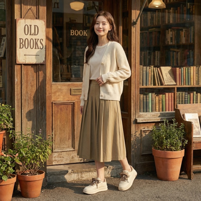 生成这双奶咖拼色厚底板鞋搭配卡其色百褶裙的电商穿搭场景图，年轻女性穿着，背景是复古书店门口，温柔复古风格预览效果