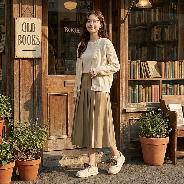 生成这双奶咖拼色厚底板鞋搭配卡其色百褶裙的电商穿搭场景图，年轻女性穿着，背景是复古书店门口，温柔复古风格