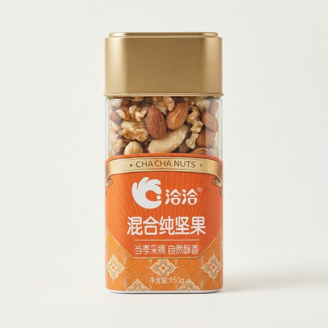 基于提供的洽洽混合纯坚果产品图，生成一张800*800的电商产品主图，保留原产品包装，不添加任何文案，采用简约干净的纯色背景，突出产品主体，光影柔和自然，整体风格高级清爽适合电商展示预览效果