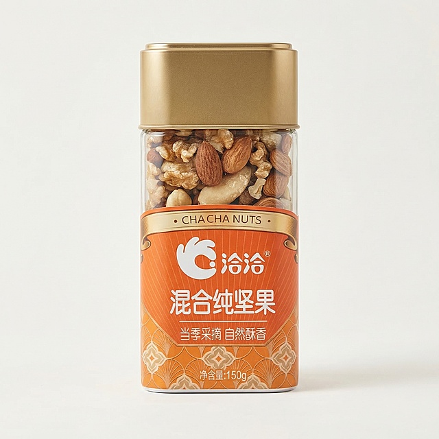 基于提供的洽洽混合纯坚果产品图，生成一张800*800的电商产品主图，保留原产品包装，不添加任何文案，采用简约干净的纯色背景，突出产品主体，光影柔和自然，整体风格高级清爽适合电商展示