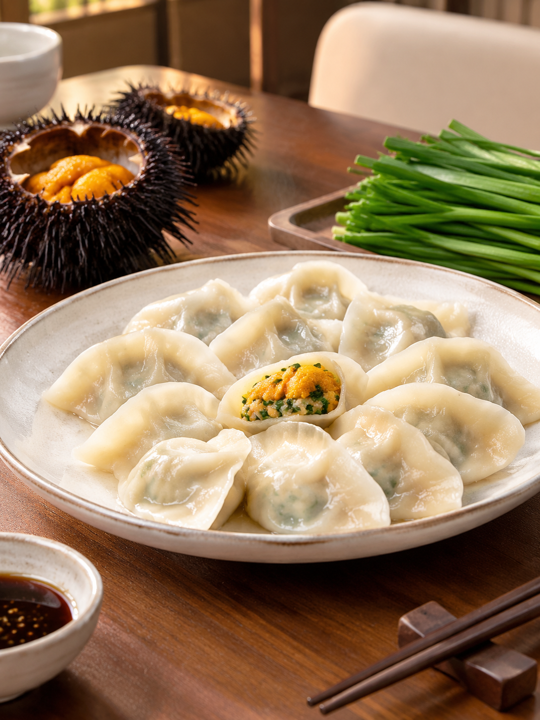 高端海鲜餐厅氛围感美食摄影，餐桌上摆放一盘胶东老鼠皮海胆水煮水… - 图片创意预览