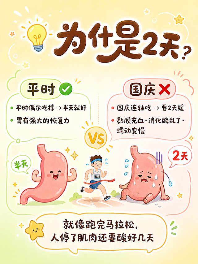 小红书笔记封面，插图大字，可爱软萌卡通科普风，版式精美，小红书笔记封面质感，适合信息流点击。主标题圆润可爱的手写圆体，深棕色#5C3A2E，淡淡的白色外发光效果，标题旁加💡小灯泡小图标，逐字锁定：「💡 为什么是2天？」。主标题字号占画面约35%视觉权重，位于画面上方。正文左右对比布局，圆润字体：左边标题「平时」配✅绿色对勾，内容「平时偶尔吃撑 → 半天就好」「胃有强大的恢复力」；右边标题「国庆」配❌红色叉号，内容「国庆连轴吃 → 要2天缓」「黏膜充血·消化酶乱了·蠕动变慢」。底部气泡框小字类比：「就像跑完马拉松，人停了肌肉还要酸好几天」。背景：暖黄色到奶白浅绿色的柔和渐变背景。画面插画：左边一个轻松的小胃，旁边写"半天"；右边一个累瘫的小胃，旁边写"2天"；中间一个马拉松小图标。装饰：气泡提示框，小星星点缀。整体氛围：科普易懂，逻辑清晰。画质：高清细腻，信息层级清晰，文字完整处于安全区内不可裁切，四周留安全边距。画面比例3:4。