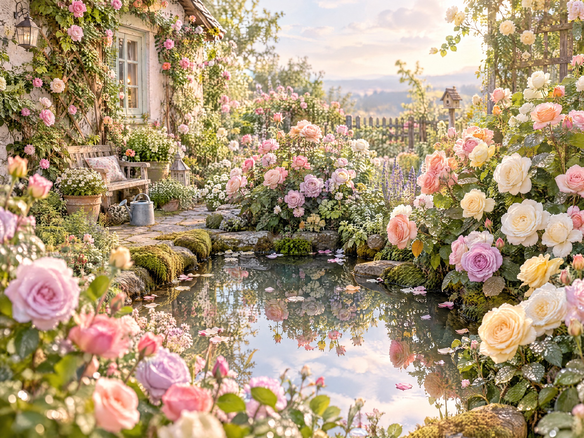 迷你房屋的後院花園，盛開著各色各樣的玫瑰，有粉紅色、淡紫色、鵝… - 图片创意预览