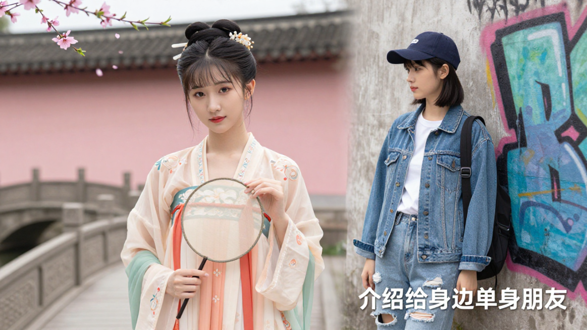 出10张图片：近景：图片左侧和右侧分别是不同场景下的1个20岁左右的中国女生，不同的穿着，不同的长相，不同的发型，不同的姿势，不同的环境，图片右下角添加文字：介绍给身边单身朋友预览效果
