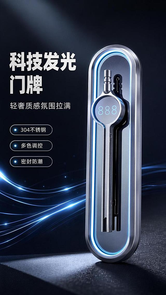 [第1屏] 详情页头图-轻奢不锈钢数码发光门牌主视觉宣传。本屏使用【图1】作为商品主体。
[氛围/风格] 科技感轻奢风，深色背景，通过光影突出金属质感和LED发光效果，高清商业摄影质感。
[元素布局] 发光门牌产品放置在画面中央偏右下，占比约70%；画面左侧为标题文案区，背景点缀流动蓝色科技光效线条；产品结构、造型、材质与输入产品图保持一致，突出环形灯带和房号显示区域。
[光影质感] 顶部主光源突出产品哑光金属质感，产品自身LED发光作为辅助光源，背景暗调衬托发光效果，右下自然阴影，明暗层次清晰。
[配色色系] 全局底色 #12141a；主色深空灰+金属银；辅助色蓝色科技光效点缀。
[视角构图] 正面45°斜视角，产品为绝对视觉中心，阅读动线左上标题→右下产品，景深突出产品主体。
[文字版式] 版式为左侧标题+右侧产品构图。主标题「科技发光门牌」，副标题「轻奢质感氛围拉满」，黑色粗体左对齐；下方3个卖点胶囊分别标注「304不锈钢」「多色调控」「密封防潮」；文字不遮挡产品主体，清晰易读。
[比例分辨率] 9:16竖版比例，4K分辨率，文字清晰可辨，高清画质。
[负向提示词] 产品变形，缺件错件，颜色偏差，文字错乱，水印，文字过小，背景杂乱，结构错误