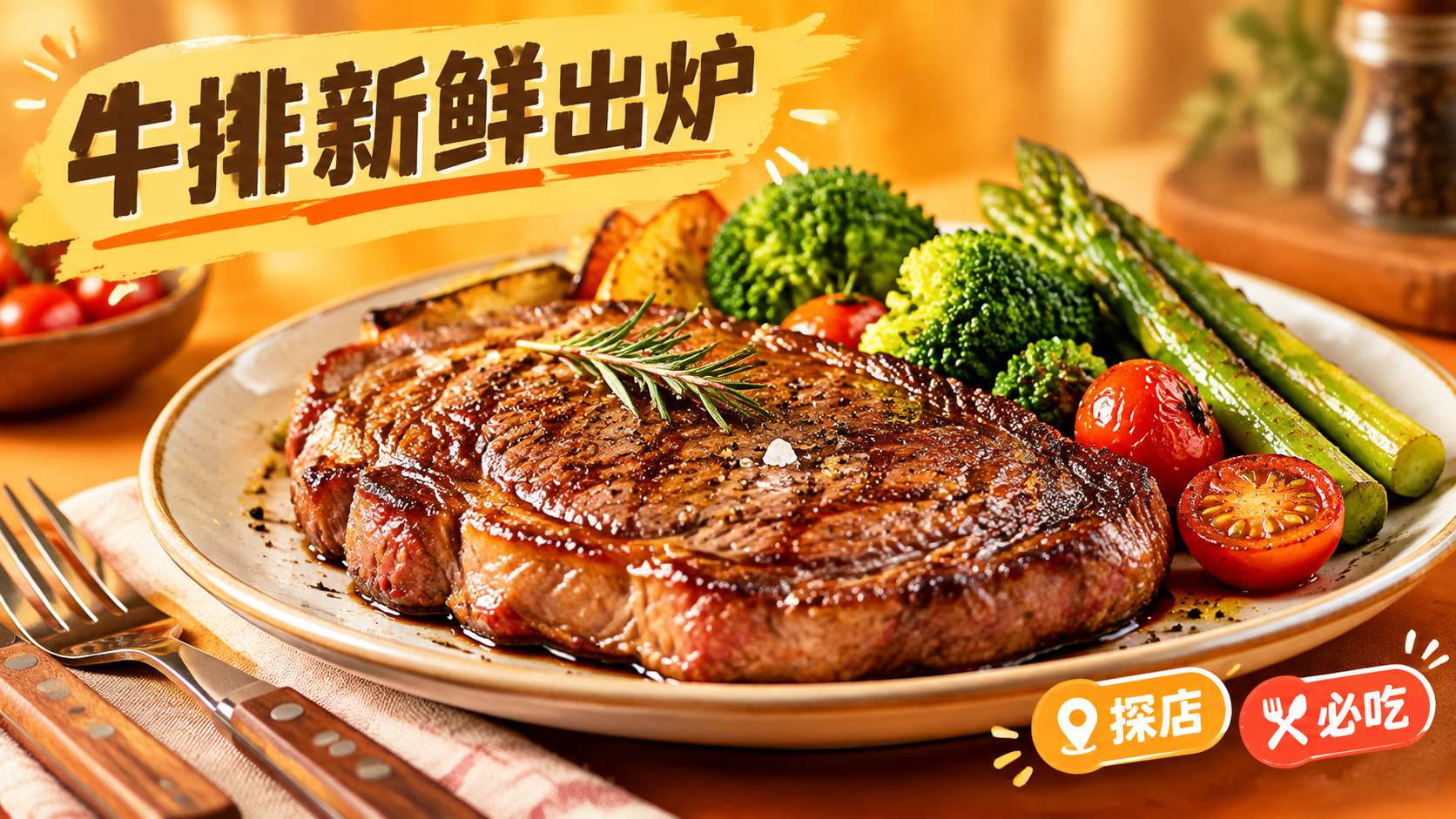 活力美食风格，暖橙色背景，画面中心是一盘色泽诱人的牛排，牛排表… - 图片创意预览